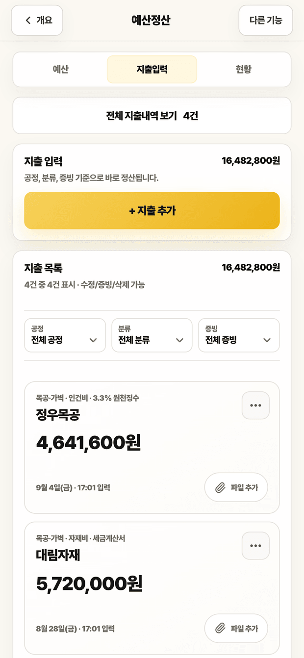 더현장 예산정산 화면. 지출을 공정과 분류, 증빙 기준으로 입력하면 합계가 자동으로 집계됩니다.
