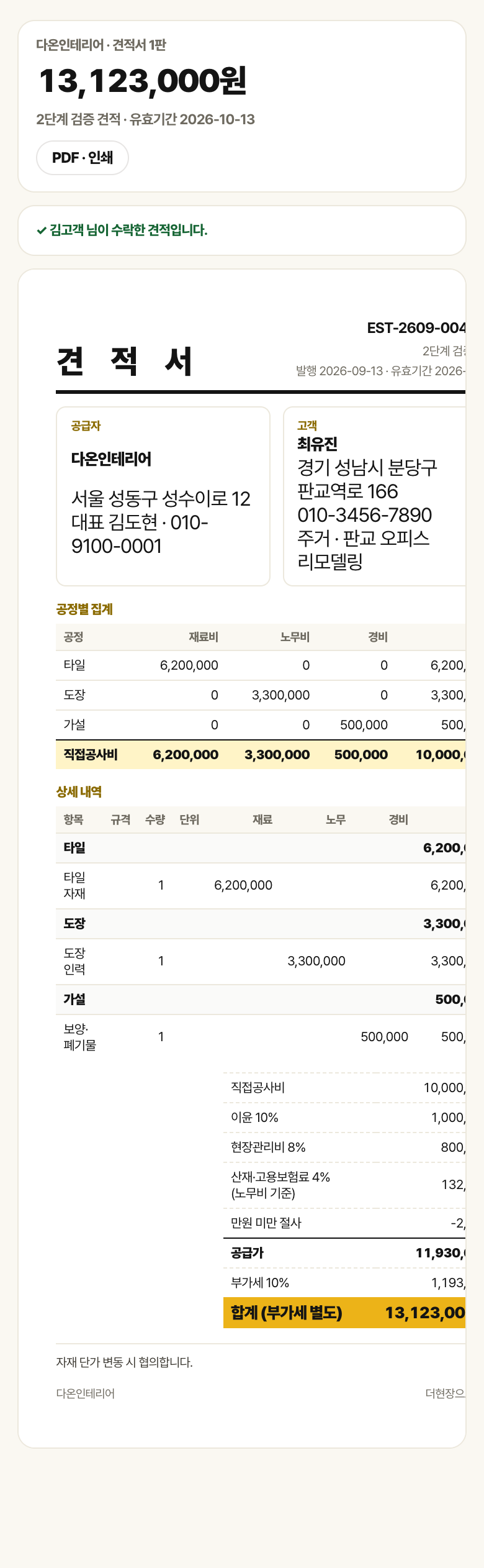 수락된 견적 화면. 김고객 님이 수락한 견적이라는 표시와 견적서 본문이 있습니다.