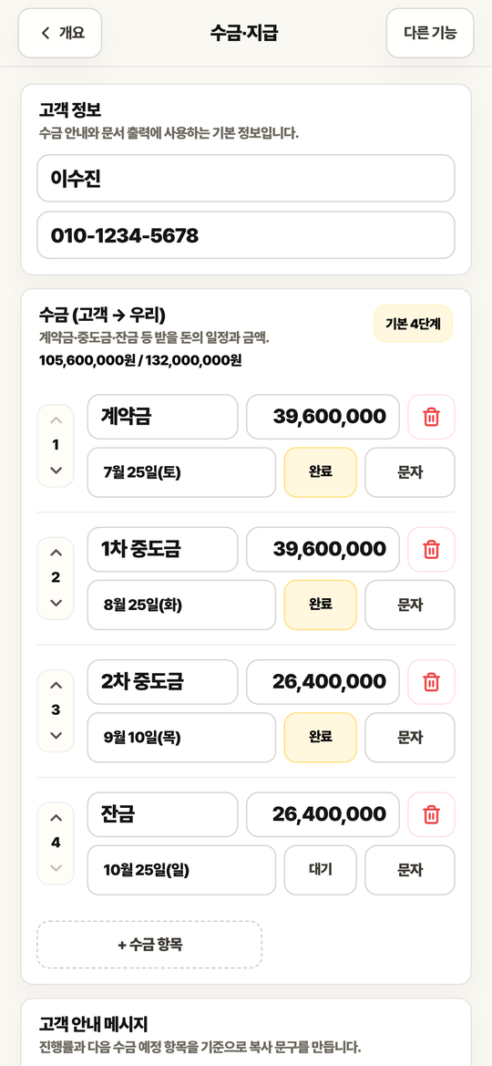 수금·지급 화면. 계약금, 중도금, 잔금의 금액과 날짜, 완료 상태, 문자 버튼이 있습니다.